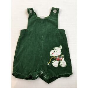 Vintage Christmas Shortalls John-Johns Romper Boy's 18 Mos. Green Corduroy Dog